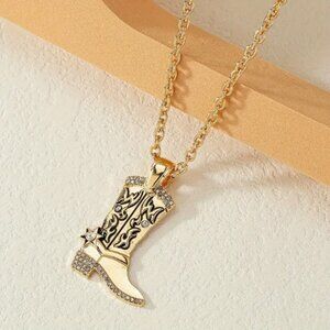 Golden Boots Inlaid Rhinestone Pendant Necklace Cowboy Fashion Accessories NEW